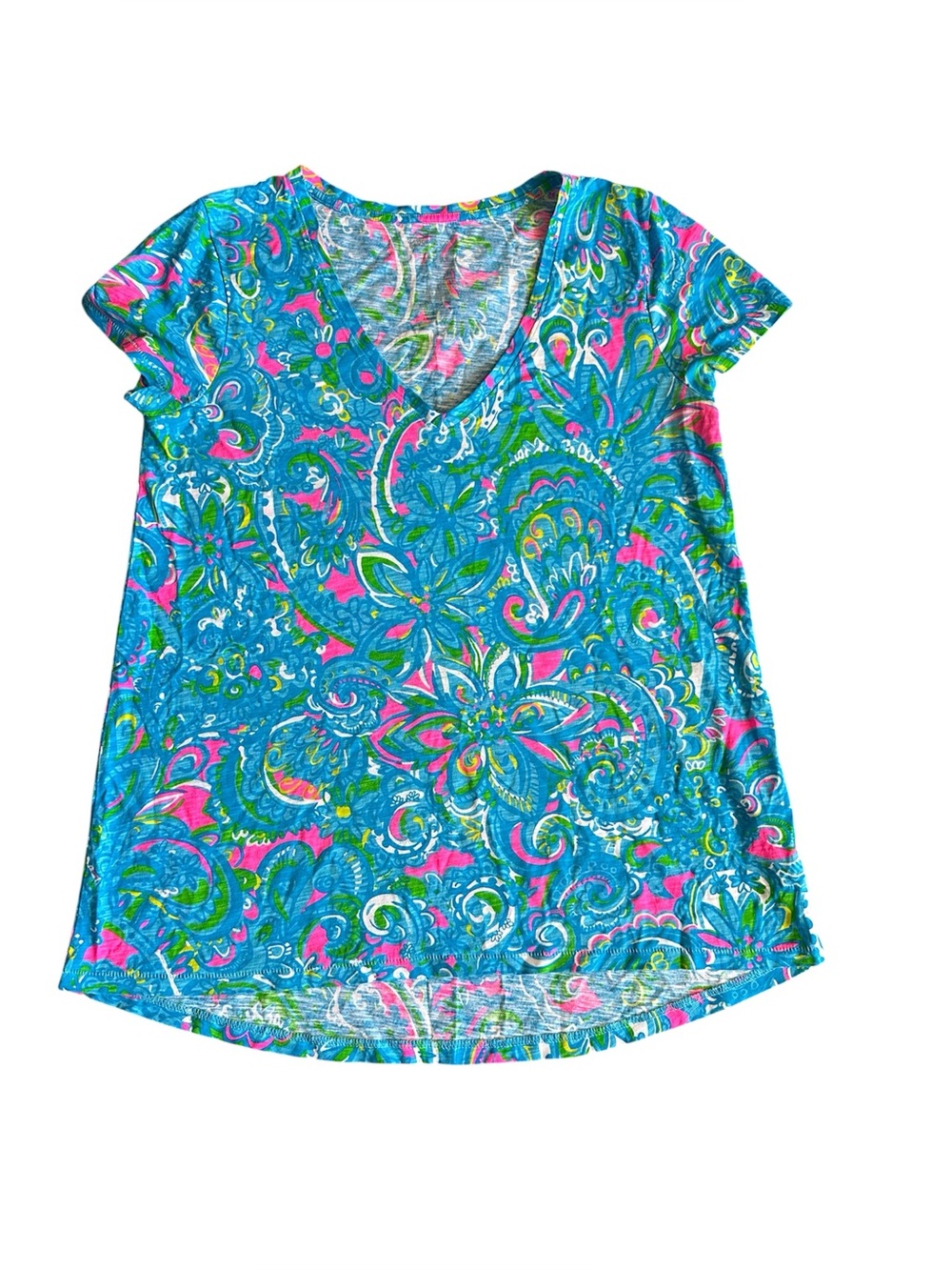 Lilly Pulitzer Etta V-Neck Tee | Cosmic Kismet Paisley Blue Pink | EUC - Size Sm